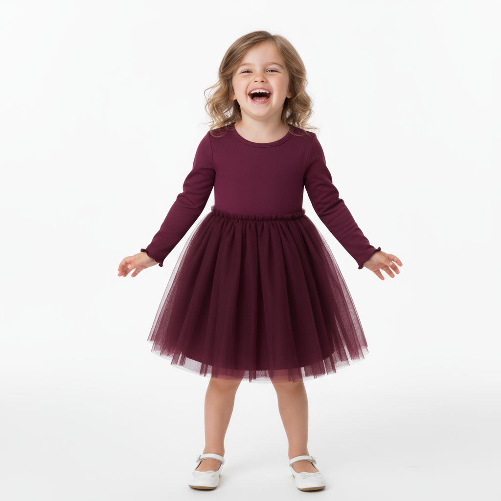 Girls Burgundy Long Sleeve Tulle Dress – Elegant Princess Party Outfit for Kids, Fall & Winter Birthday Dress