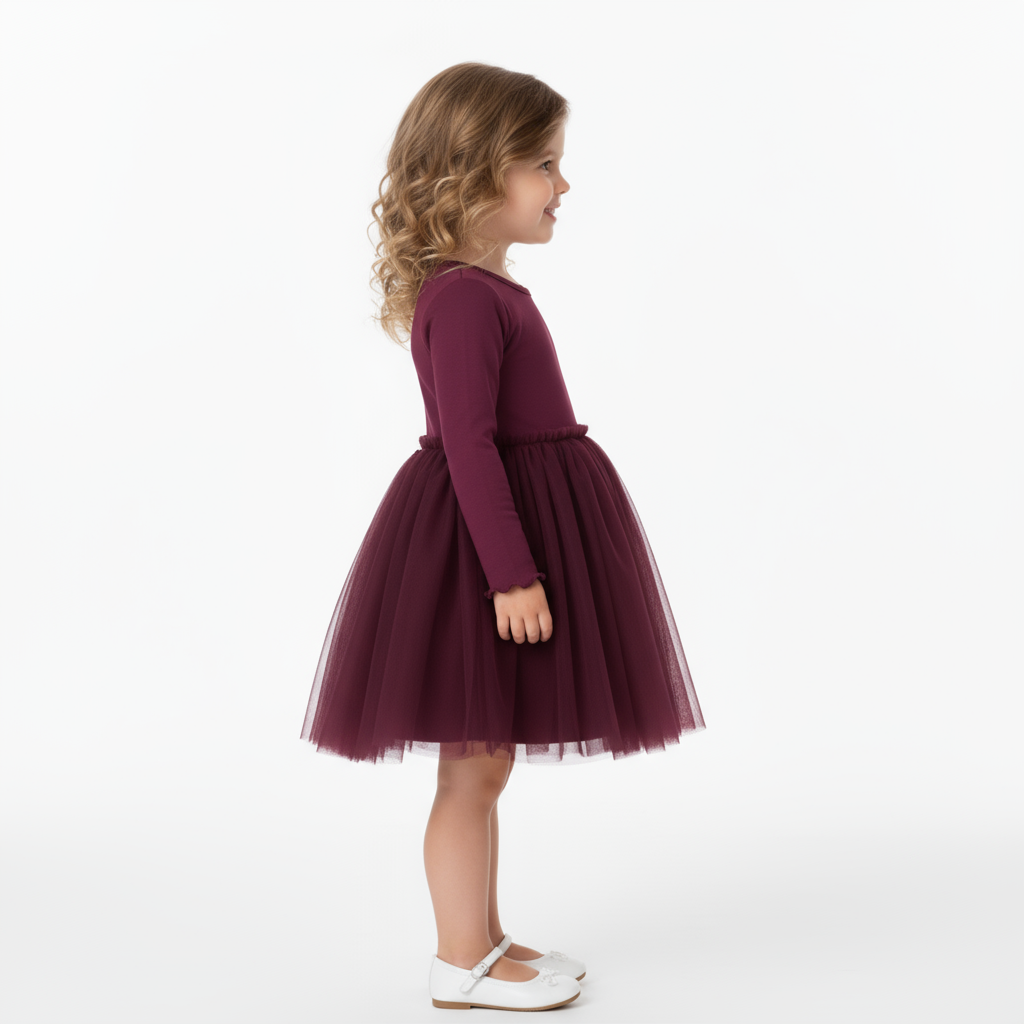 Girls Burgundy Long Sleeve Tulle Dress – Elegant Princess Party Outfit for Kids, Fall & Winter Birthday Dress
