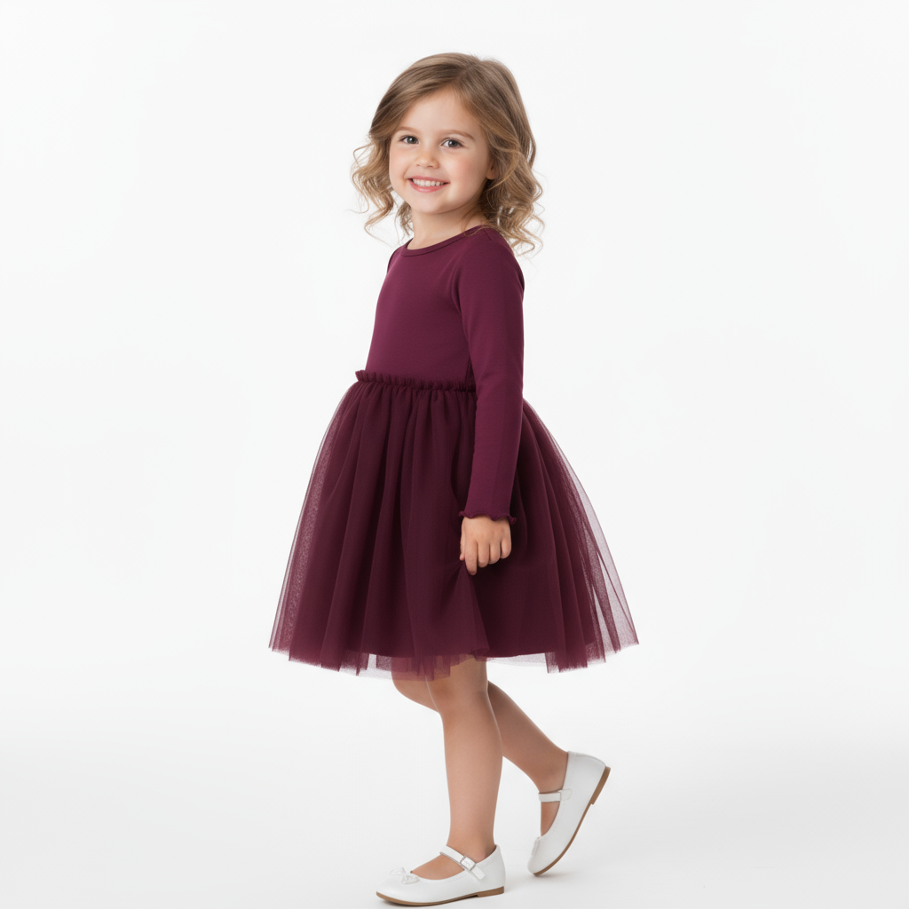 Girls Burgundy Long Sleeve Tulle Dress – Elegant Princess Party Outfit for Kids, Fall & Winter Birthday Dress