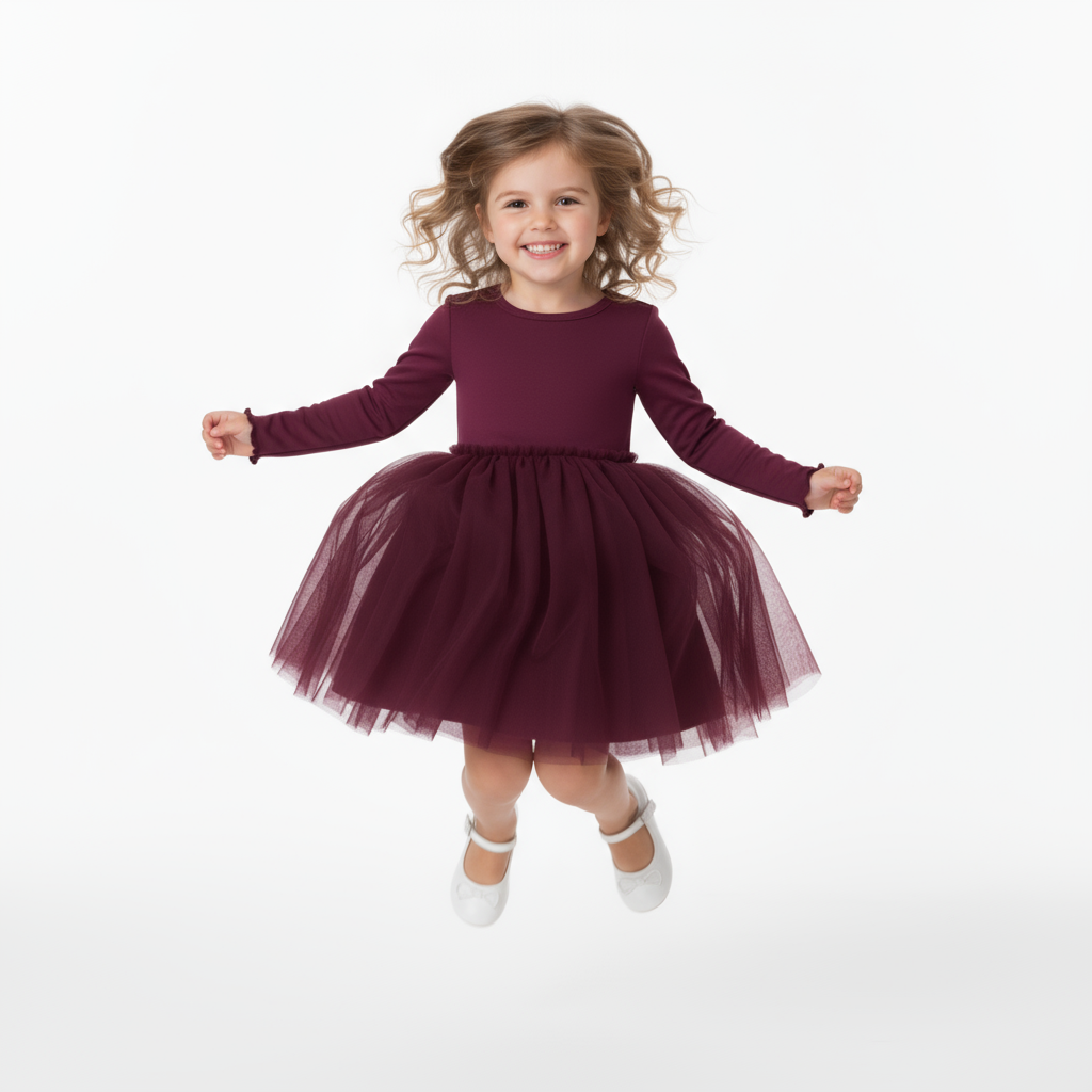 Girls Burgundy Long Sleeve Tulle Dress – Elegant Princess Party Outfit for Kids, Fall & Winter Birthday Dress