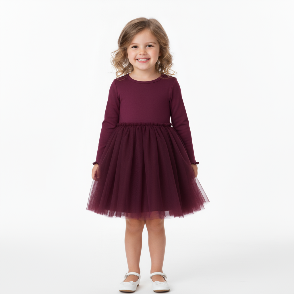 Girls Burgundy Long Sleeve Tulle Dress – Elegant Princess Party Outfit for Kids, Fall & Winter Birthday Dress